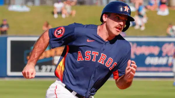 Feb 25, 2023; West Palm Beach, Florida, USA; Houston Astros outfielder Scott Schreiber rounds third base during the seventh inning against the New York Mets at The Ballpark of the Palm Beaches.