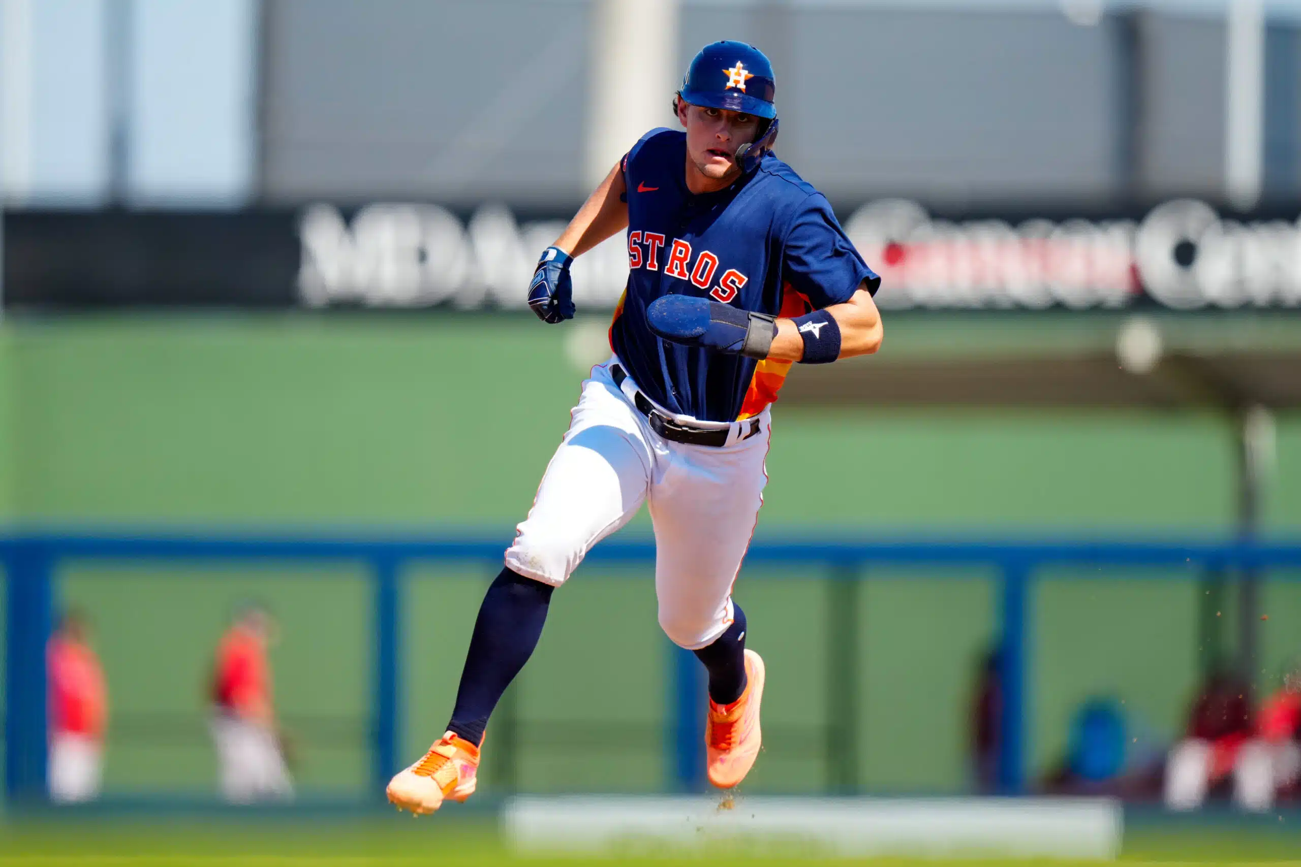 Mar 1, 2023; West Palm Beach, Florida, USA; Houston Astros catcher C.J. Stubbs (80) rounds second base against the Boston Red Sox during the sixth inning at The Ballpark of the Palm Beaches.
